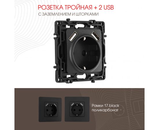 Розетка с заземлением шторками + 2 USB 16A 250V USB DC 5V 2.1A Arte Milano