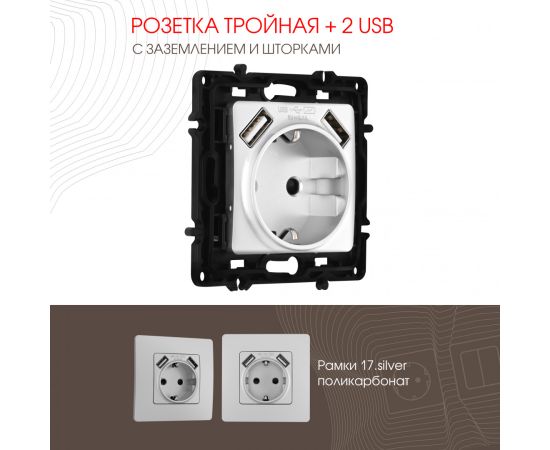 Розетка с заземлением шторками + 2 USB 16A 250V USB DC 5V 2.1A Arte Milano