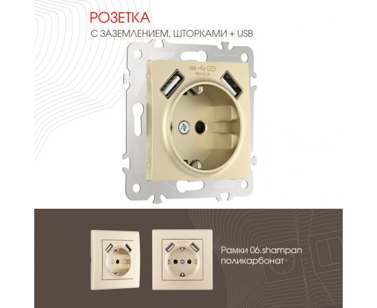 Розетка с заземлением шторками + 2 USB 16A 250V USB DC 5V 2.1A Arte Milano