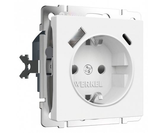 Розетка с заземлением и со шторкой и 2хUSB type A и C, без рамки Werkel белый матовый W1171761