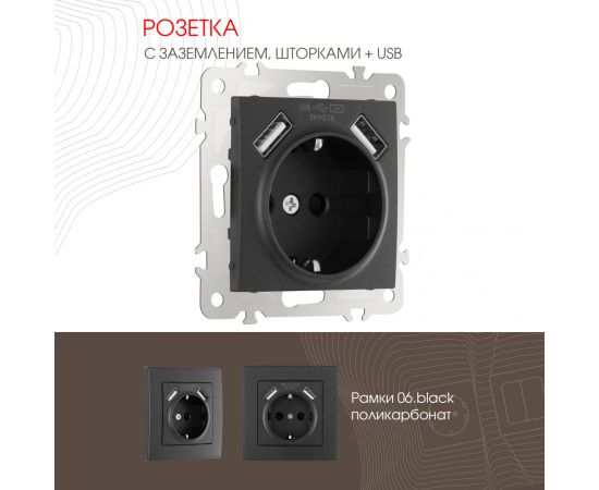 Розетка с заземлением шторками + 2 USB 16A 250V USB DC 5V 2.1A Arte Milano