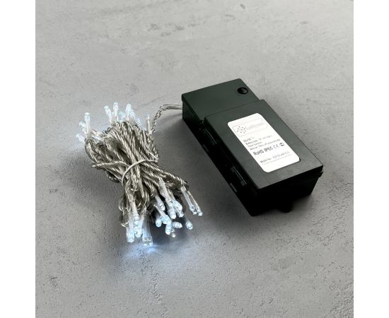Гирлянда Нить на Батарейках 5м Белая, 50 LED, Провод Прозрачный Силикон, IP65